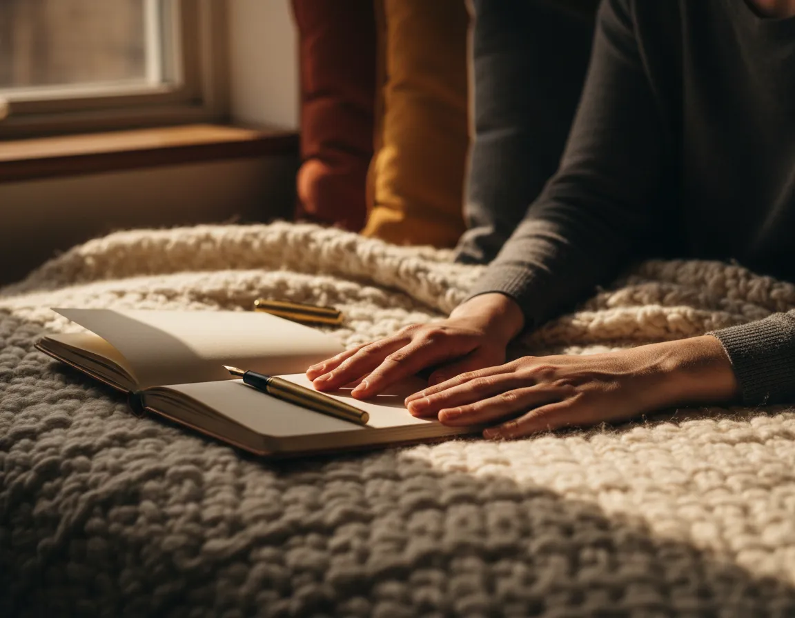 Hands resting on fabric with journal open symbolizing gratitude and becoming